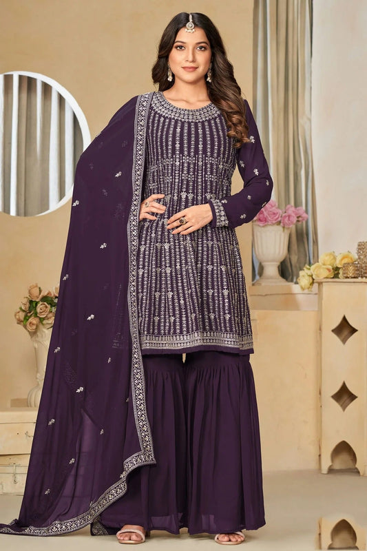Purple Semi Stitched Faux Georgette Sharara Suit NCSM10510263