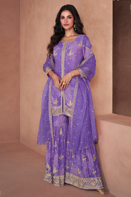 Purple Semi Stitched Faux Georgette Sharara Suit NCSM11410452
