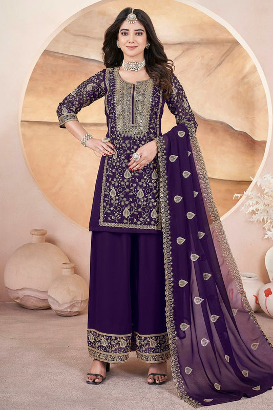 Purple Semi Stitched Georgette Palazzo Pant Suit NCSM11111015