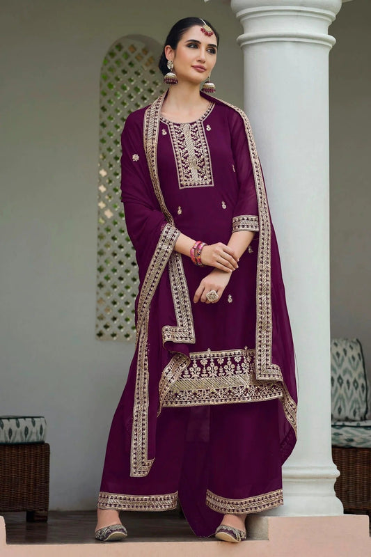 Purple Semi Stitched Georgette Palazzo Pant Suit NCSM11410471