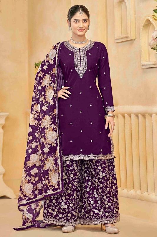 Purple Semi Stitched Roman Silk Palazzo Pant Suit NCSM10510109