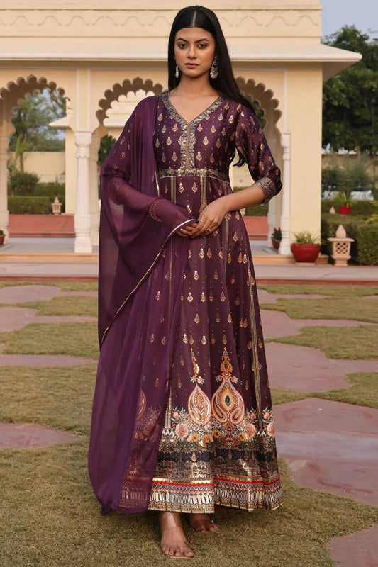 Purple Semi Stitched Satin Anarkali Suit NCSM11710163