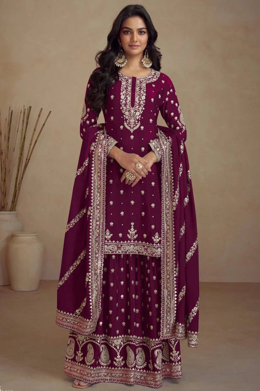 Purple Semi Stitched Silk Palazzo Pant Suit NCSM11410330