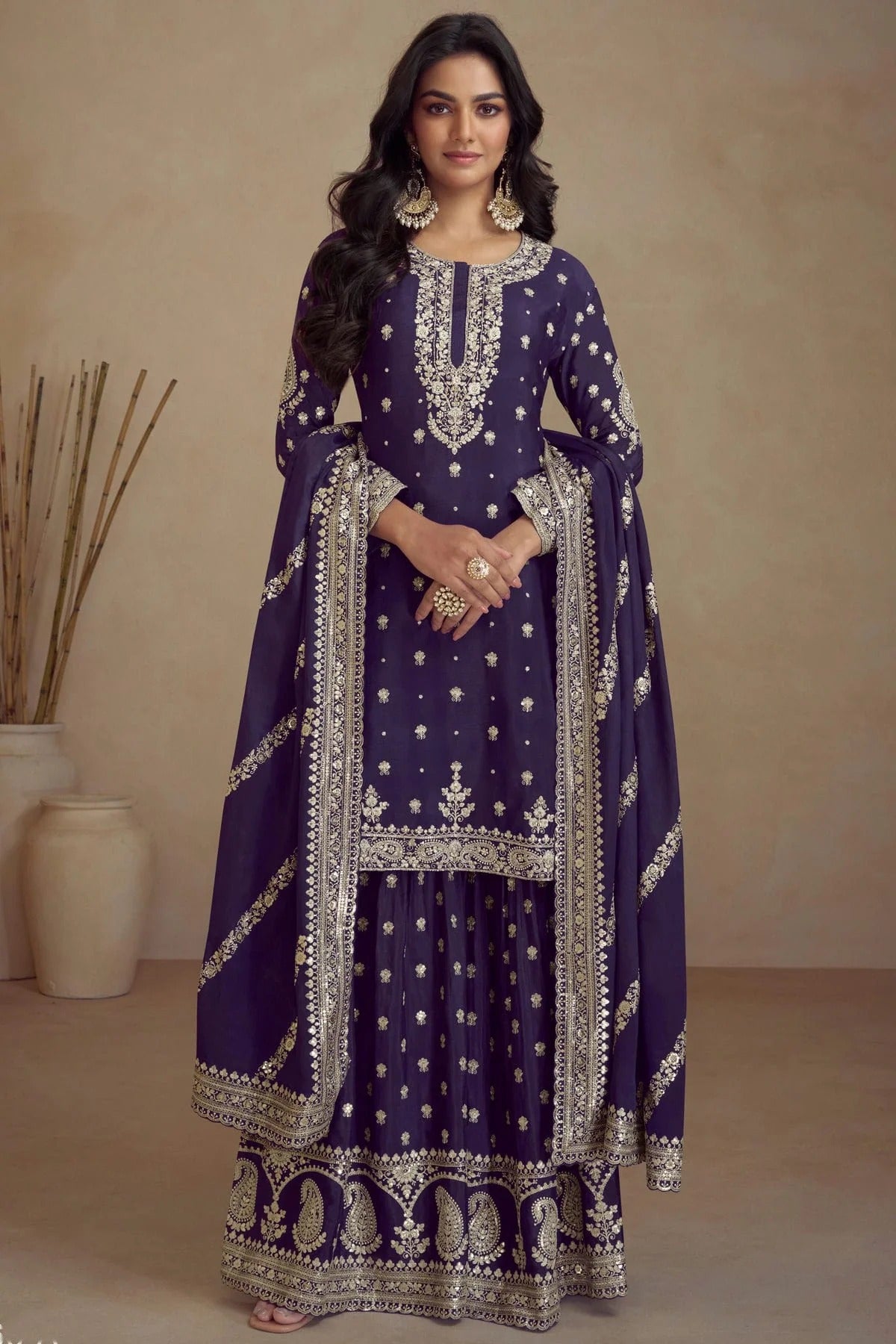 Purple Semi Stitched Silk Palazzo Pant Suit NCSM11410335