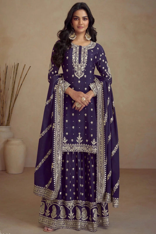 Purple Semi Stitched Silk Palazzo Pant Suit NCSM11410335