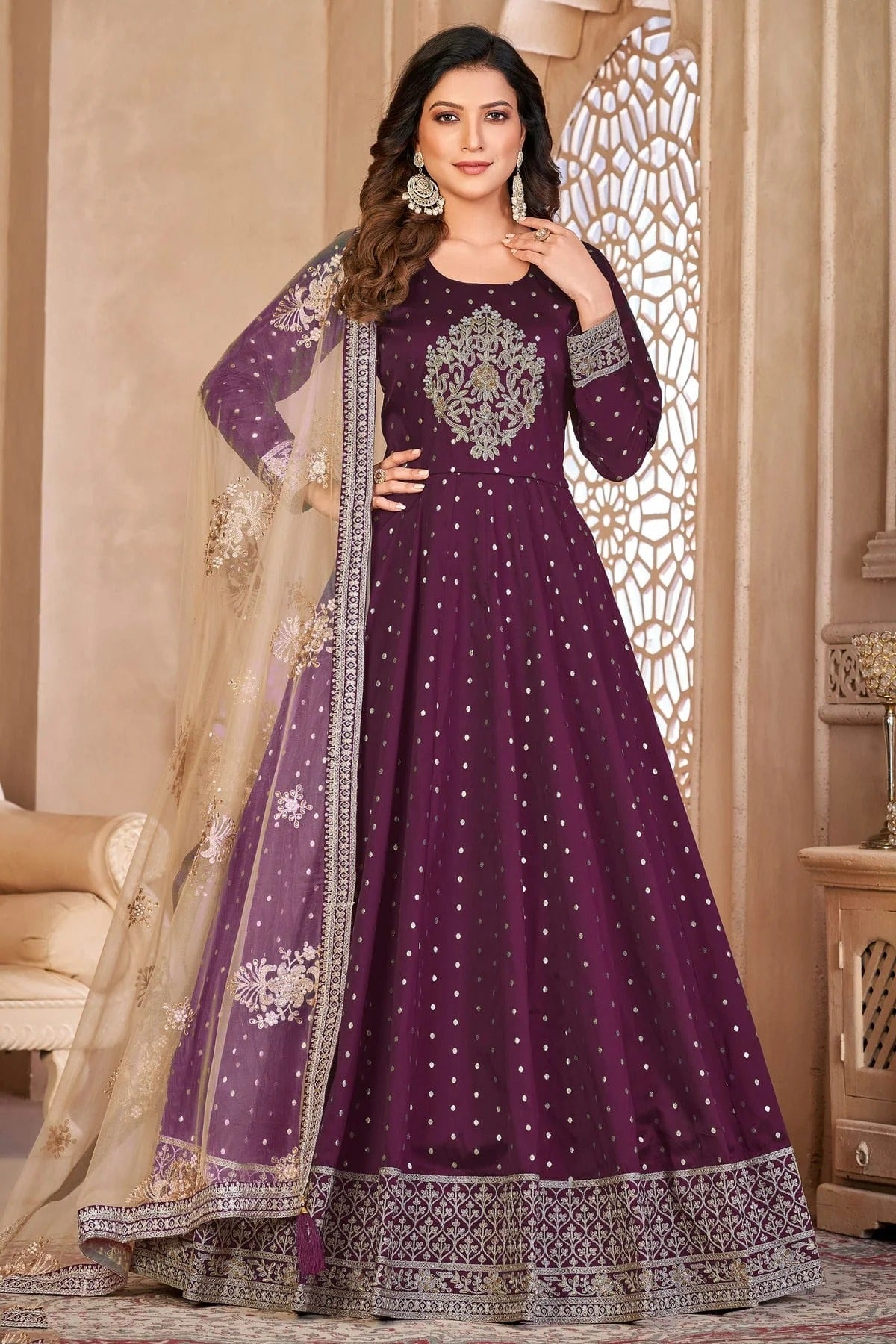 Purple Semi Stitched Taffeta Silk Anarkali Suit NCSM10510301