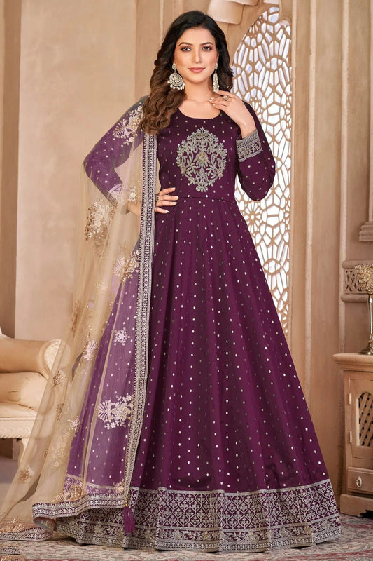 Purple Semi Stitched Taffeta Silk Anarkali Suit NCSM10510301