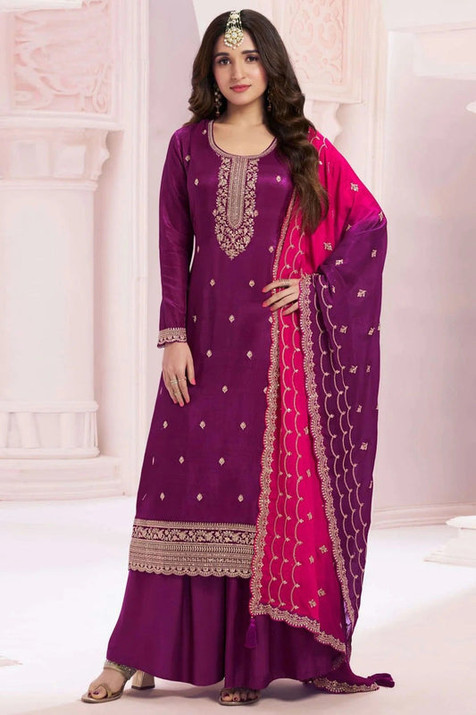 Purple Semi Stitched Vichitra Silk Palazzo Pant Suit NCSM11410422
