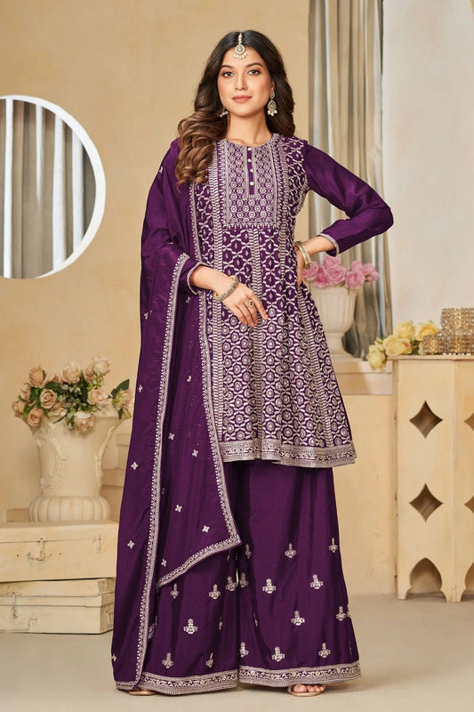 Purple Sharara SuitChinon Semi Stitched  NCSM10510246