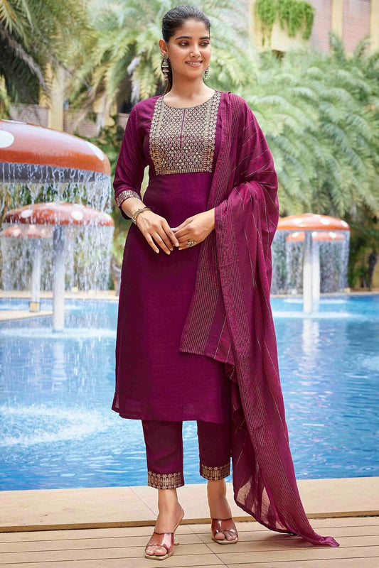 Purple Silk Blend Printed Pant Style Suit NCSS11110335