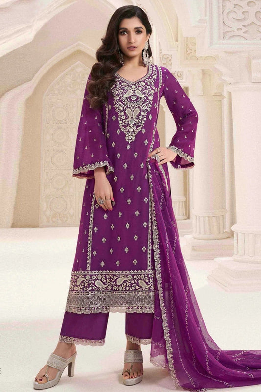 Purple Silk Chiffon Palazzo Pant Suit NCSM11410154