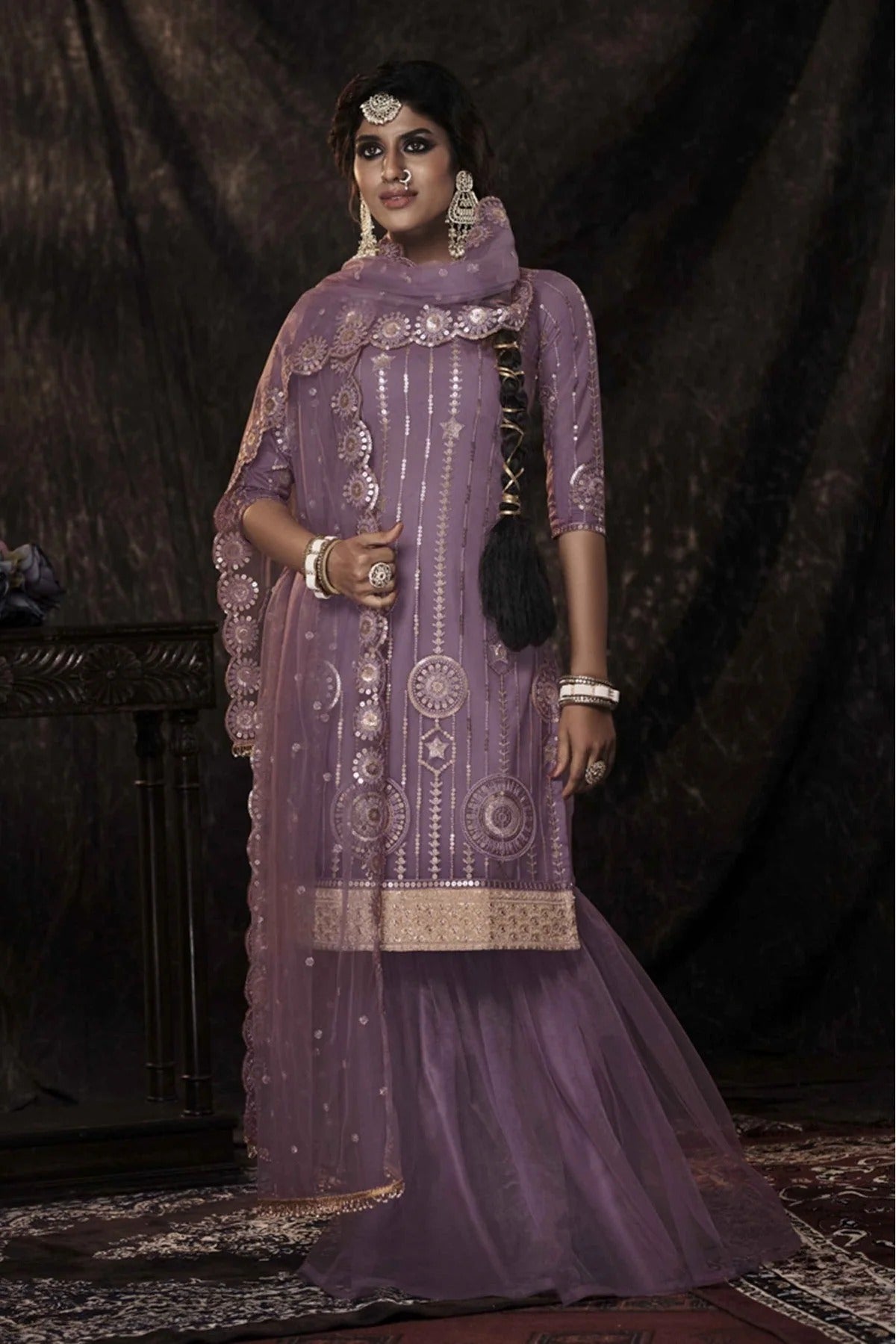 Purple Soft Net Sequins Sharara Suit NCSM10810369