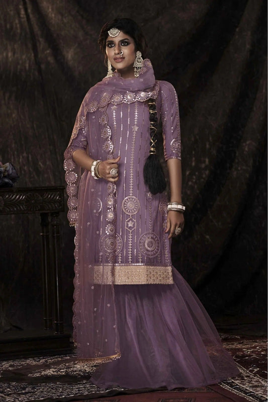 Purple Soft Net Sequins Sharara Suit NCSM10810369