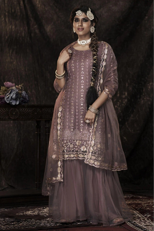 Purple Soft Net Sequins Sharara Suit NCSM10810371