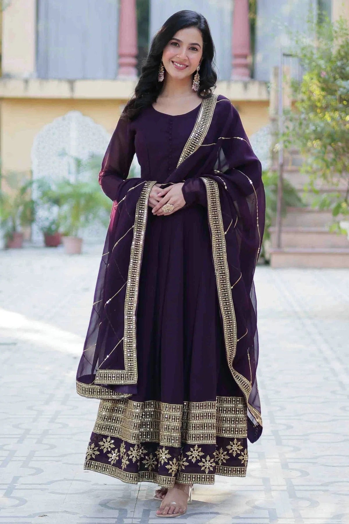 Purple Stitched Faux Georgette Gown NCGW11111011