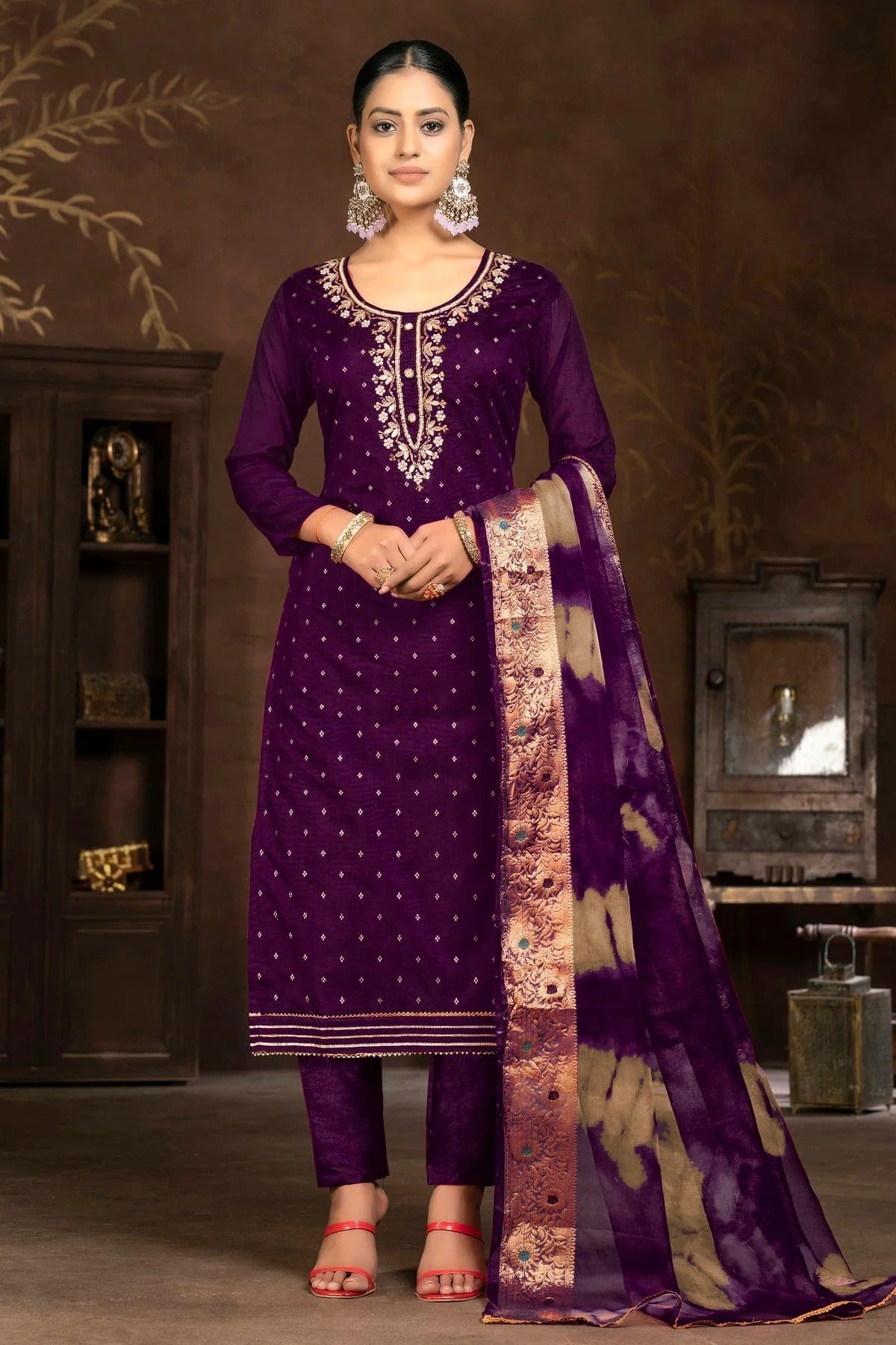 Purple Unstitched Cotton Jacquard Pant Style Suit NCUS11610133
