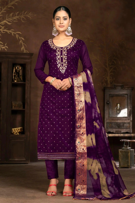 Purple Unstitched Cotton Jacquard Pant Style Suit NCUS11610133