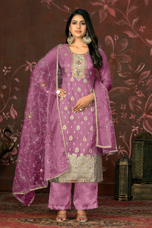 Purple Unstitched Organza Jacquard Straight Suit NCUS11610132