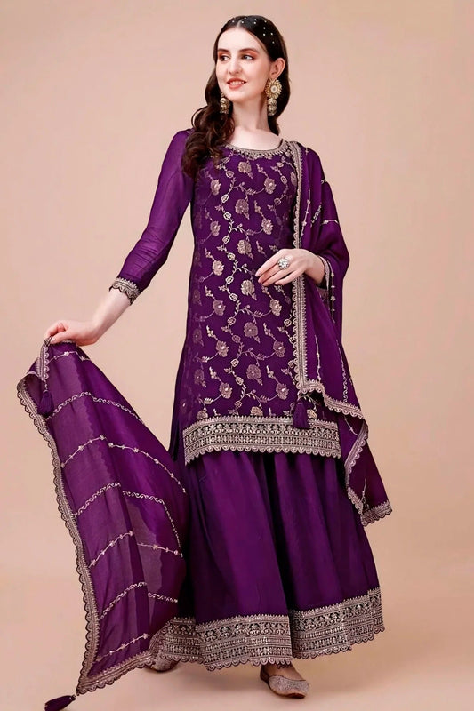 Purple Viscose Chinon Sharara Suit NCSM11112327