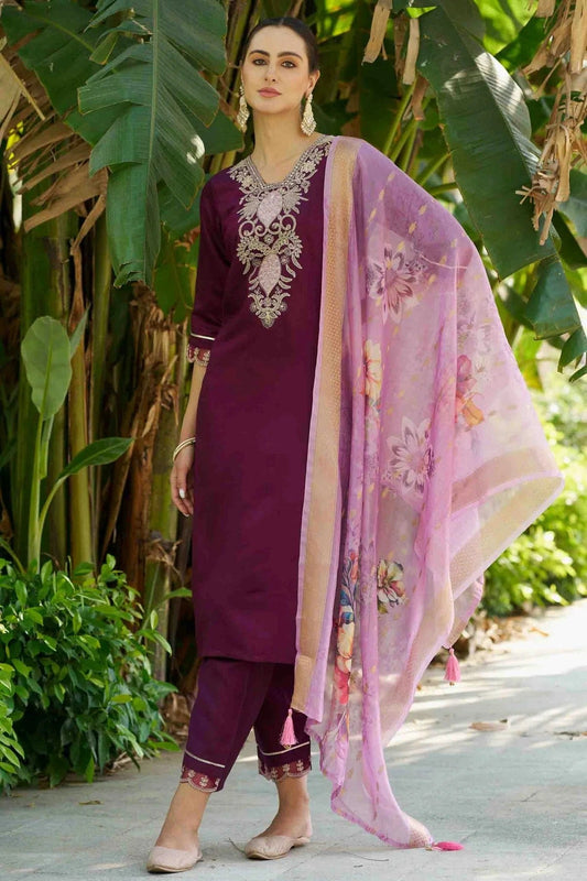 Purple Viscose Rayon Embroidery Pant Style Suit NCSS11110374