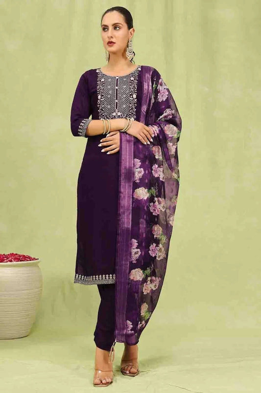 Purple Viscose Roman Silk Stitched Pant Style Suit NCSS11110189