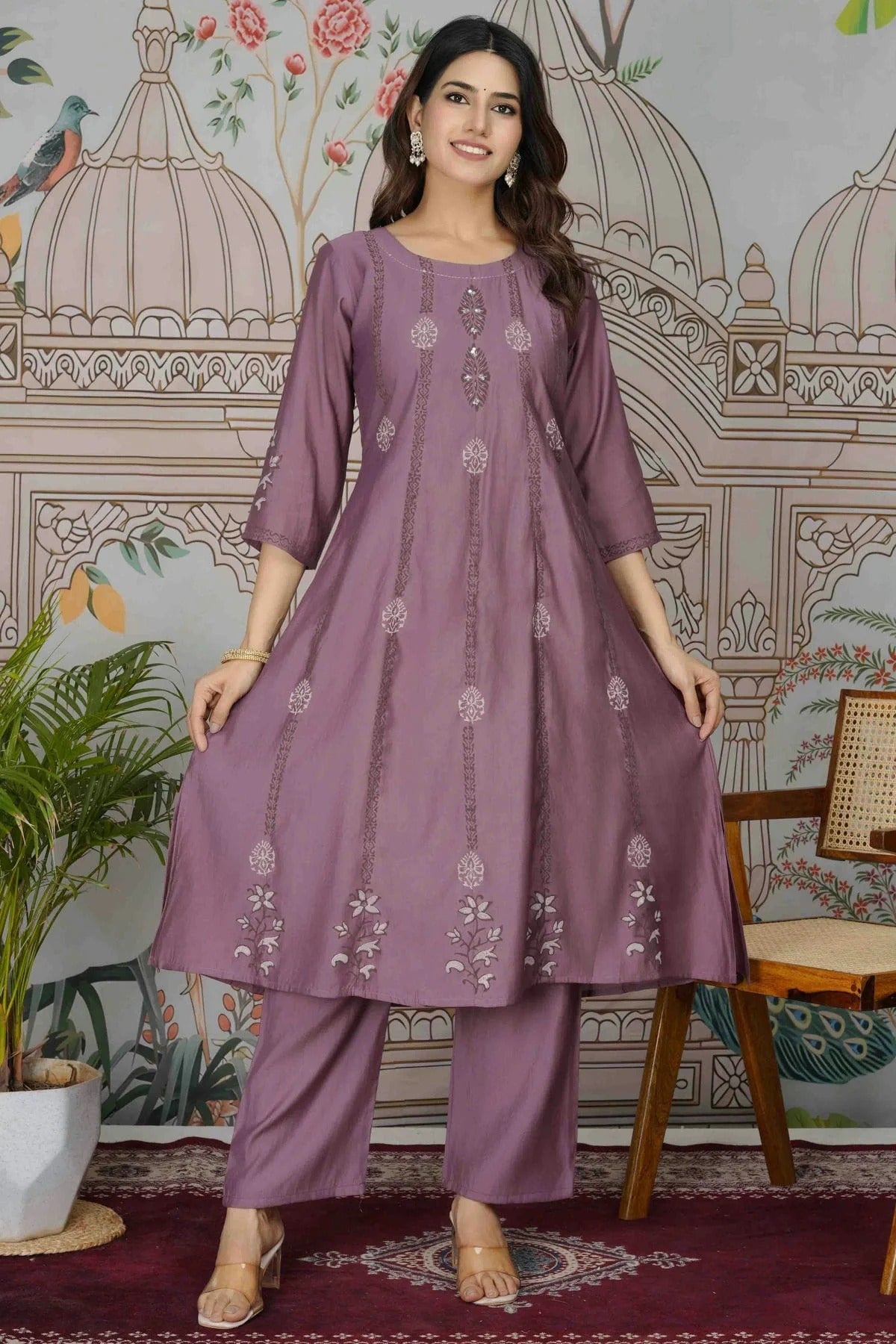 Purple Viscose Roman Silk Stitched Top and Bottom  NCSS11110143