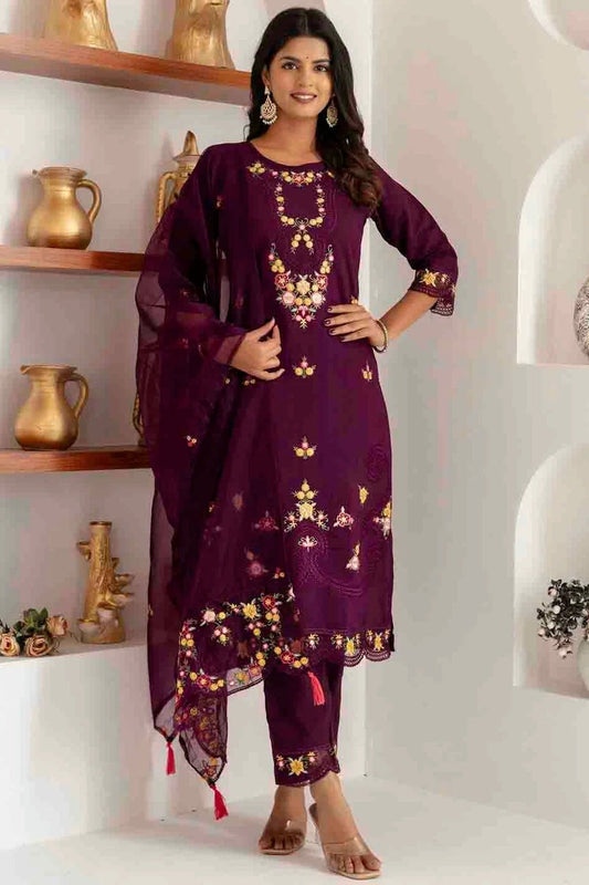 Purple Viscose Silk Embroidery Pant Style Suit NCSS11110388
