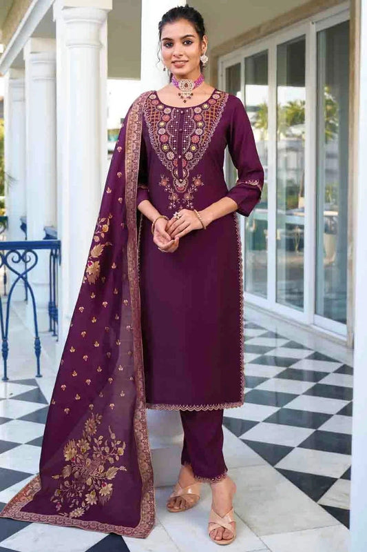 Purple Viscose Silk Embroidery and Woven Pant Style Suit NCSS11110327