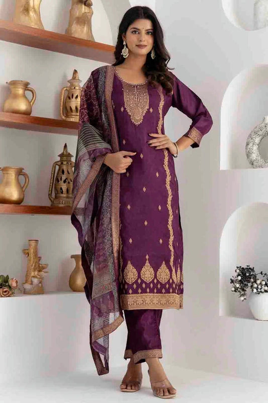 Purple Viscose Silk Woven Pant Style Suit NCSS11110345