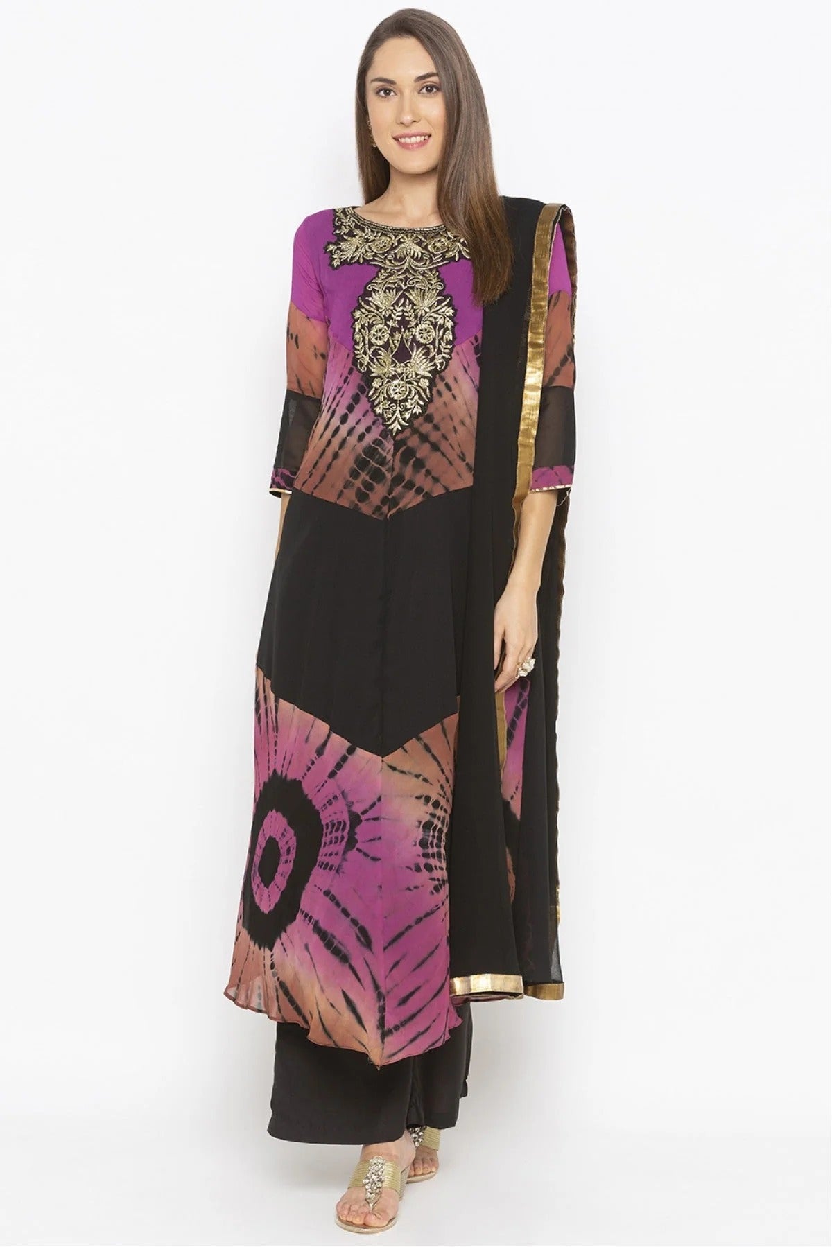 Purple and Black Plus Size Georgette Embroidery Palazzo Pant Suit NCSS10710614
