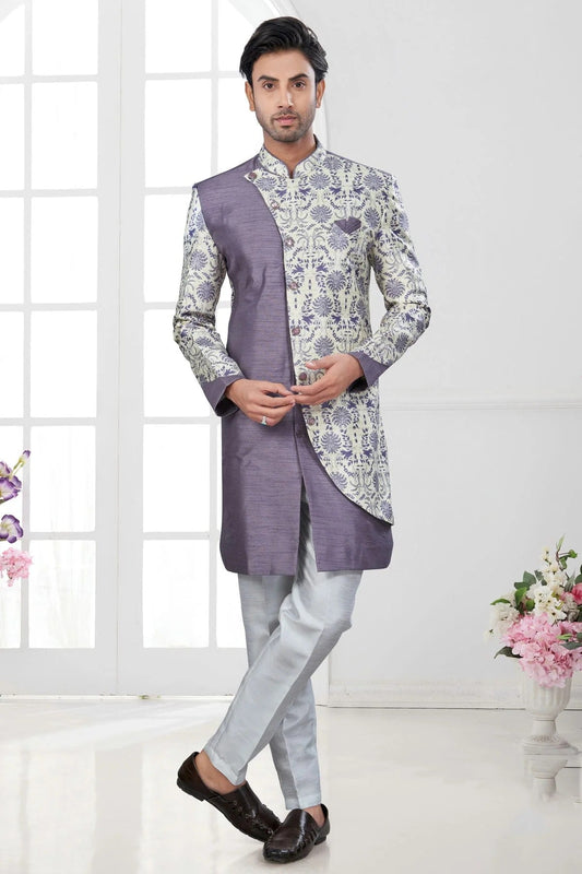 Purple and Cream Silk Dupion Sherwani NCSH10410155
