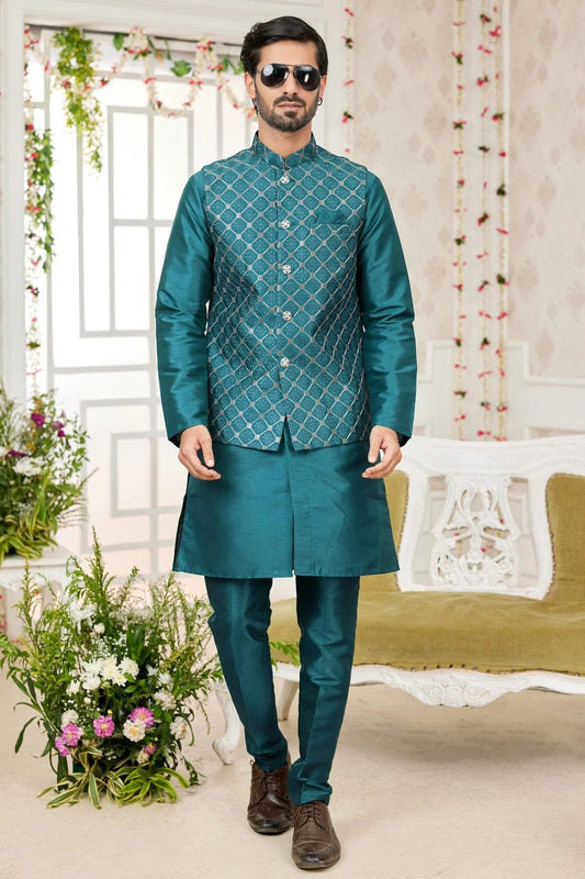 Rama Green Art Silk Kurta PajamaWith Jacket  NCKP12310100