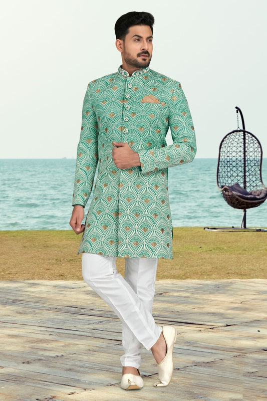 Rama Green Banarasi Silk Indo Western Sherwani NCSH10410289