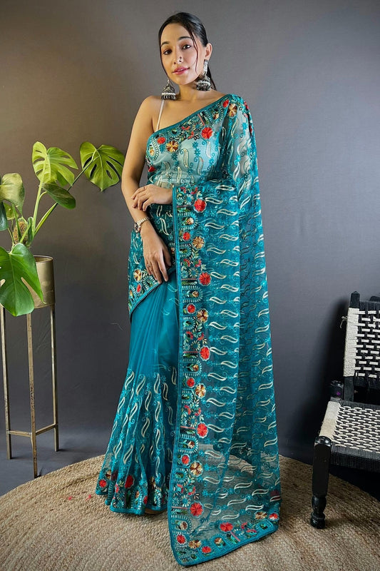 Rama Green Butterfly Net Designer Saree NCSD11111679