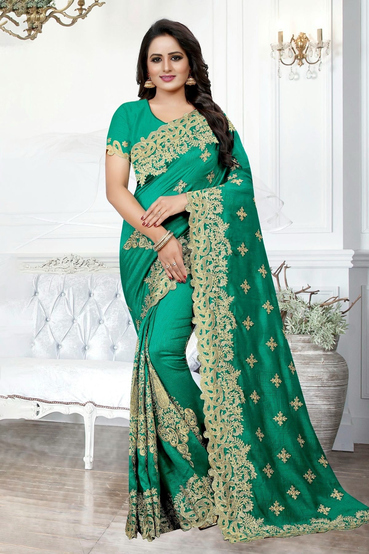 Rama Green Cherry Silk Designer Saree NCLC11210350