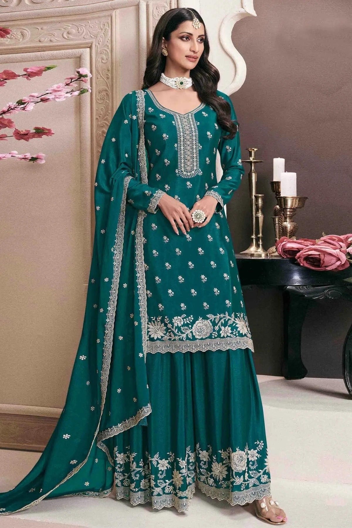 Rama Green Chinon Palazzo Pant Suit NCSM11410103