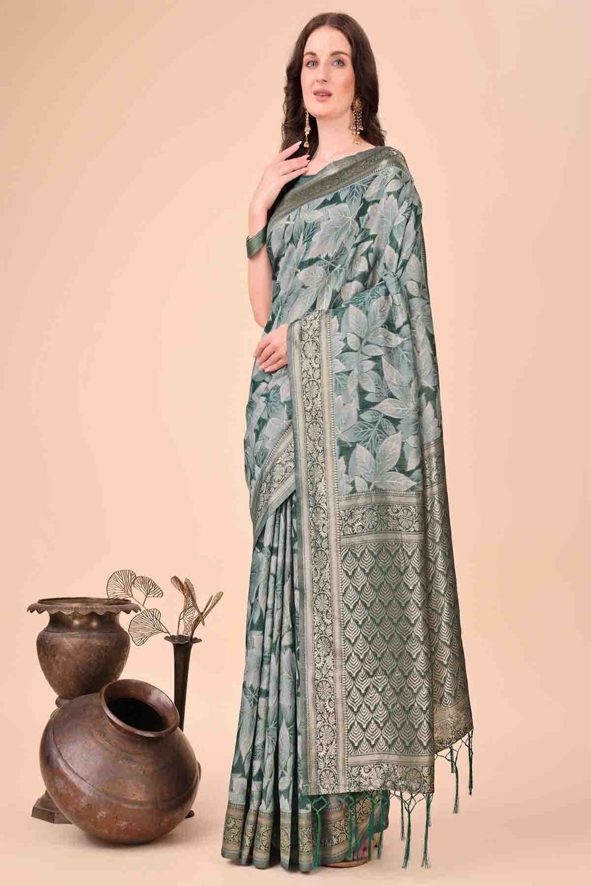 Rama Green Cotton Printed Traditional Sarees  NCSD11110236