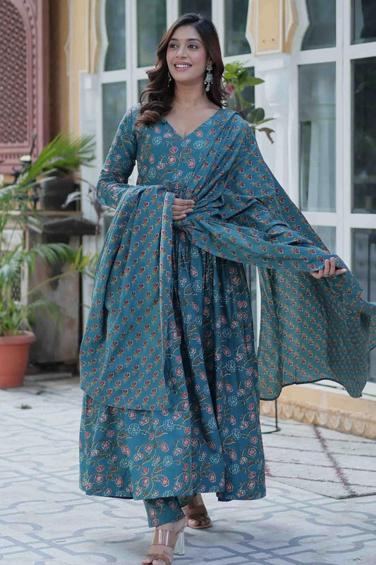 Rama Green Cotton Stitched Anarkali Suit NCSS11110165
