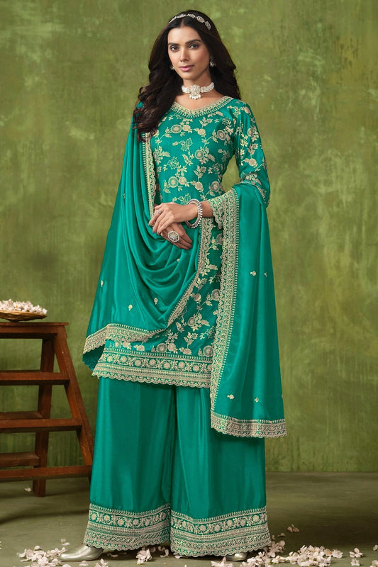 Rama Green Dola Silk Jacquard Palazzo Pant Suit NCSM10510206