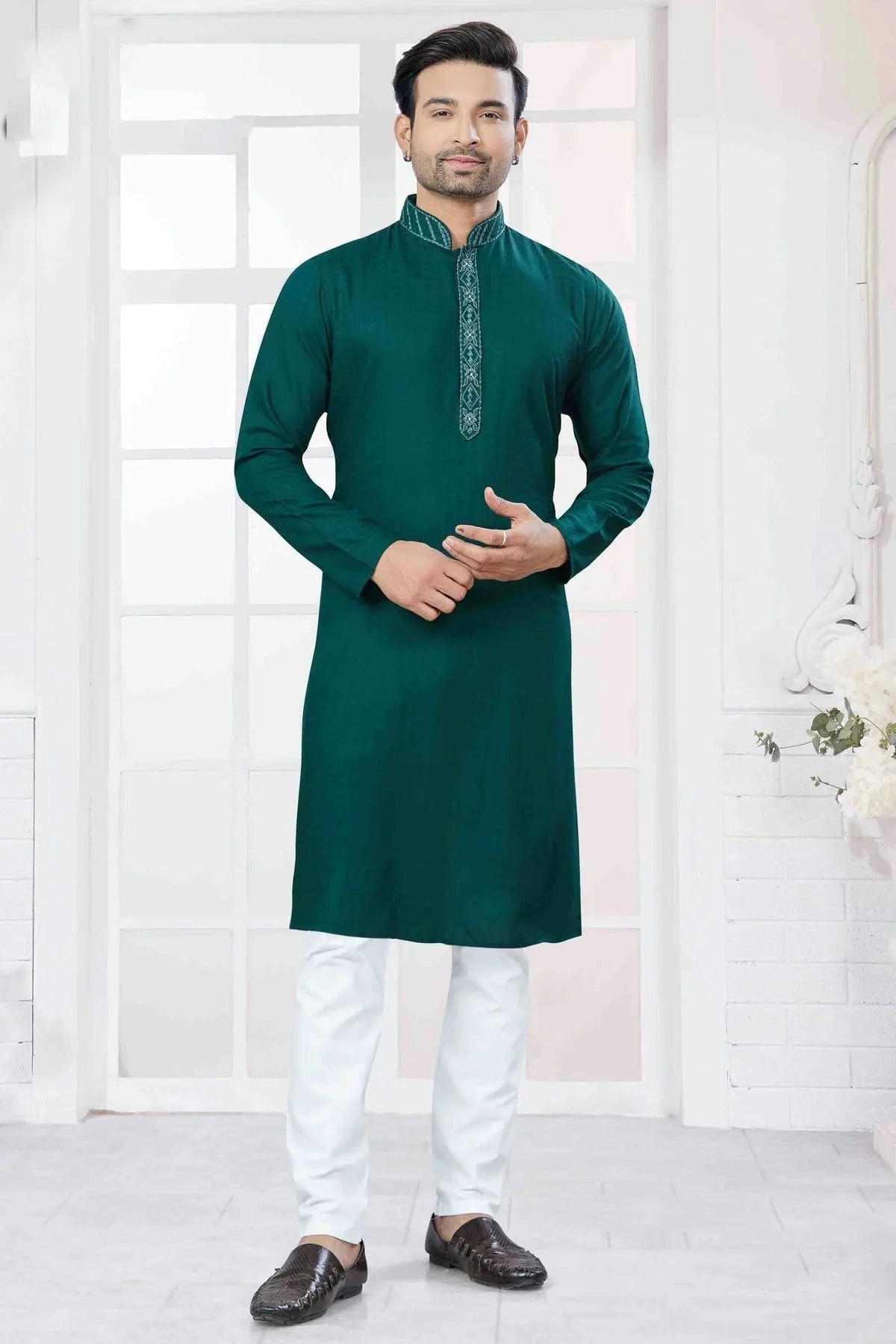 Rama Green Embroidery Cotton Kurta Pajama NCKP11110550