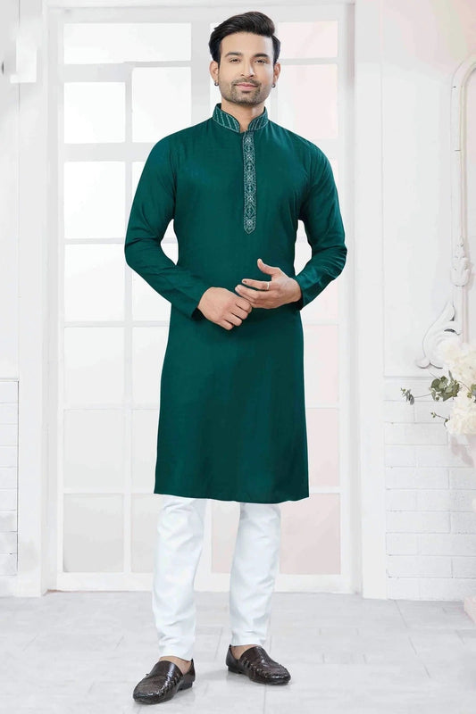 Rama Green Embroidery Cotton Kurta Pajama NCKP11110550