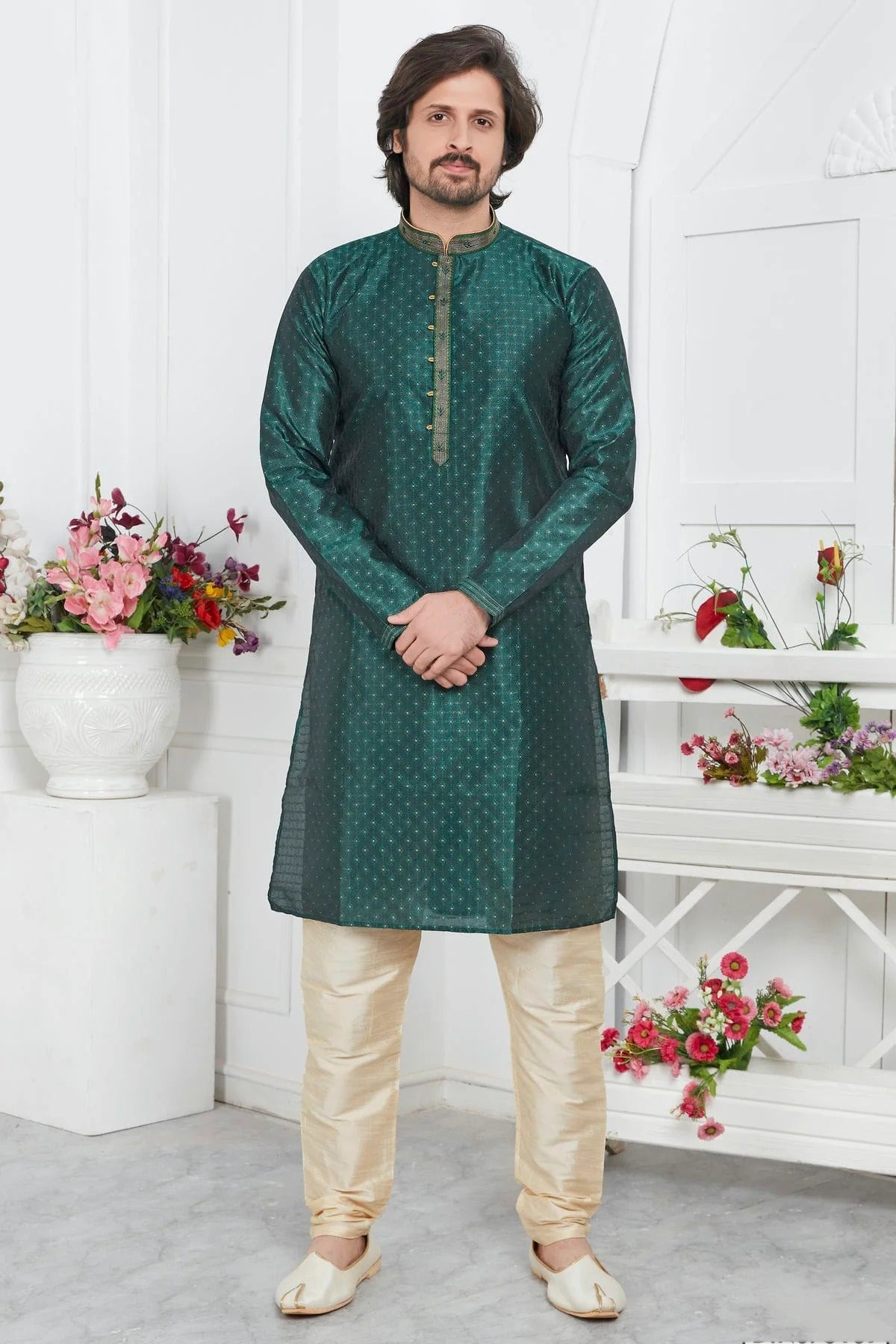 Rama Green Jacquard Silk Brocade Kurta Pajama NCKP12310157