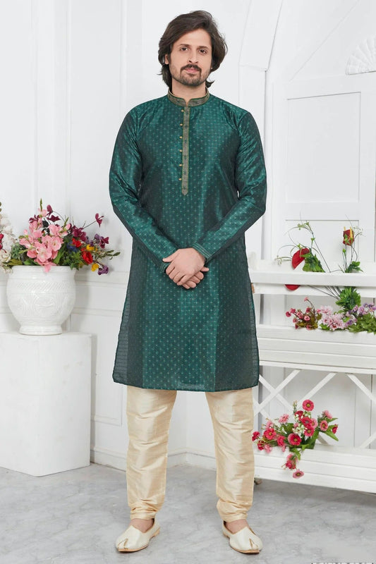 Rama Green Jacquard Silk Brocade Kurta Pajama NCKP12310157