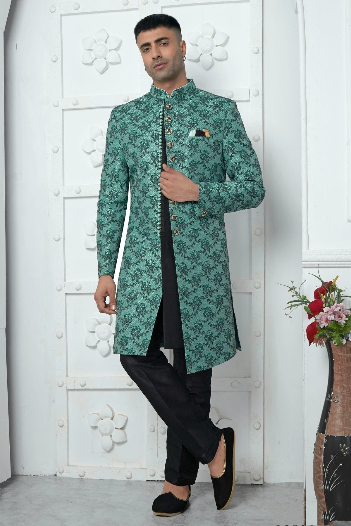 Rama Green Jacquard Silk Indowestern Sherwan With Aligadhi Pant  NCSH12310335