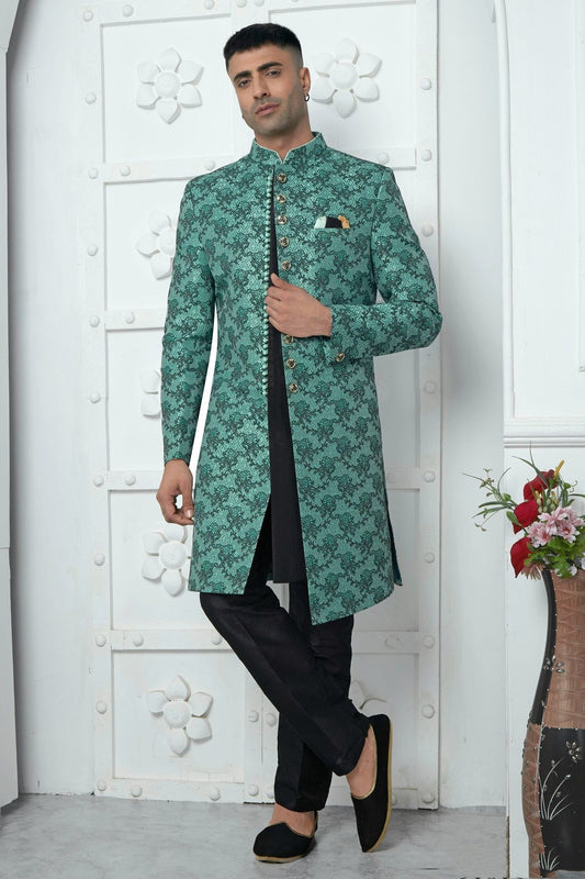 Rama Green Jacquard Silk Indowestern Sherwan With Aligadhi Pant  NCSH12310335