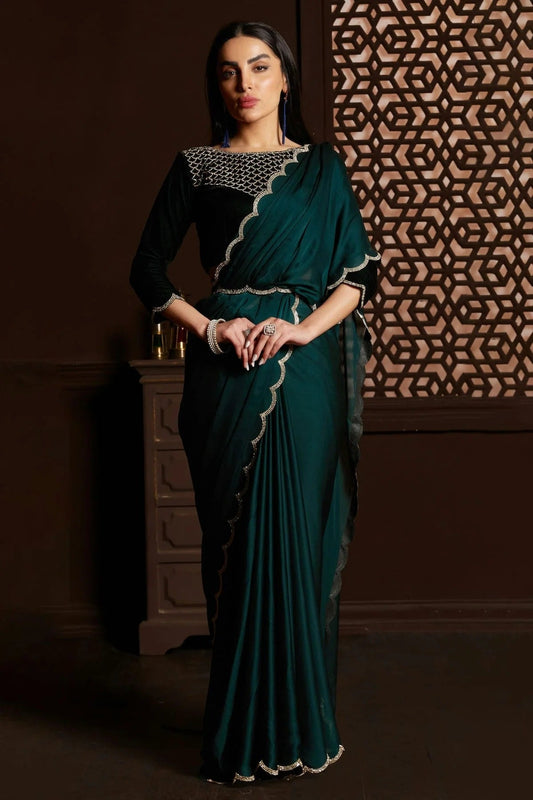 Rama Green Satin Silk Chiffon Designer Saree NCLC11210405