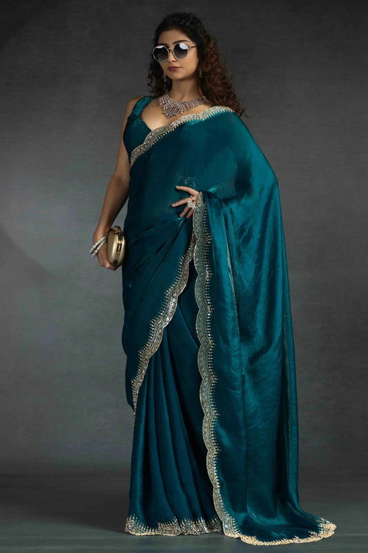 Rama Green Satin Silk Designer Saree NCSD11210149