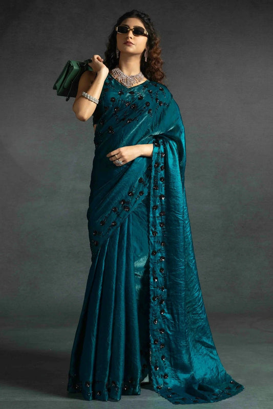 Rama Green Satin Silk Designer Saree NCSD11210167