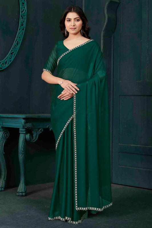 Rama Green Satin Silk Designer Saree NCSD11210171