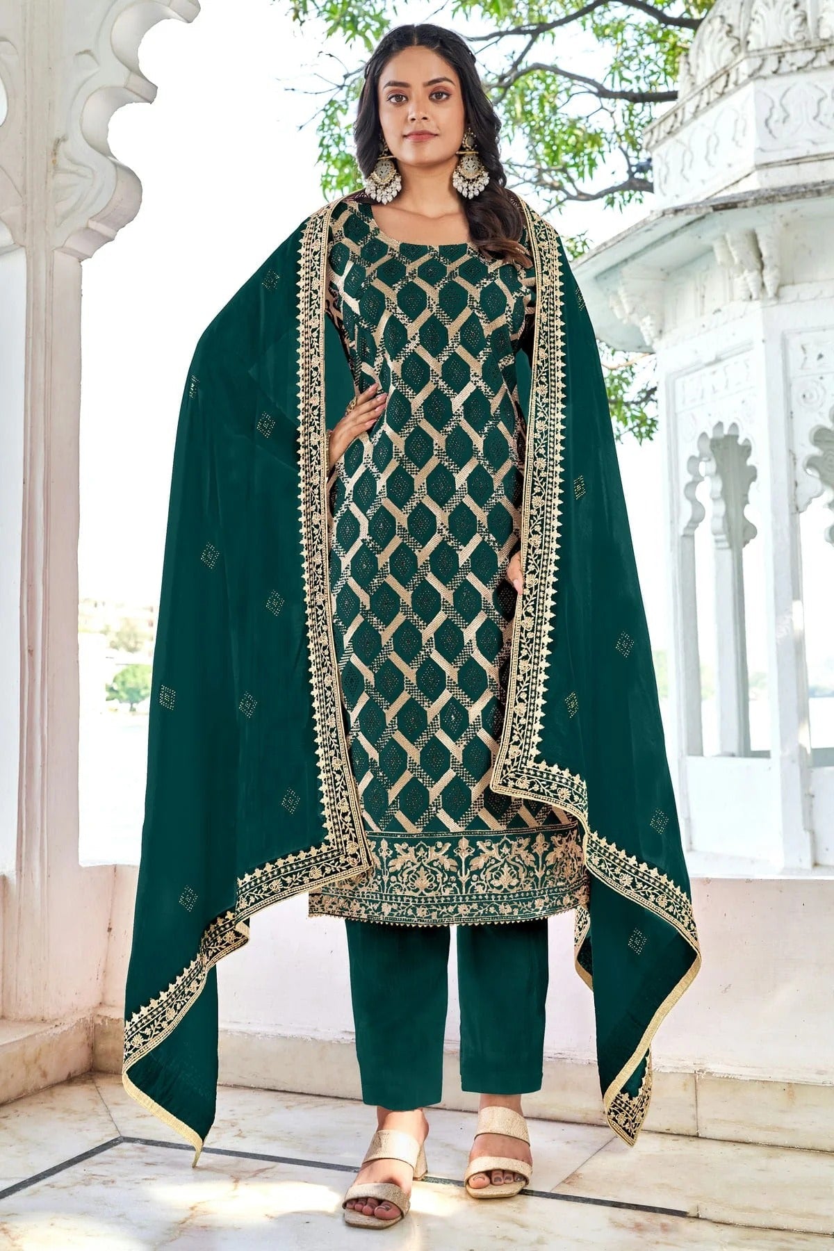 Rama Green Semi Stitched Blooming Vichitra Pant Style Suit NCSM11410525